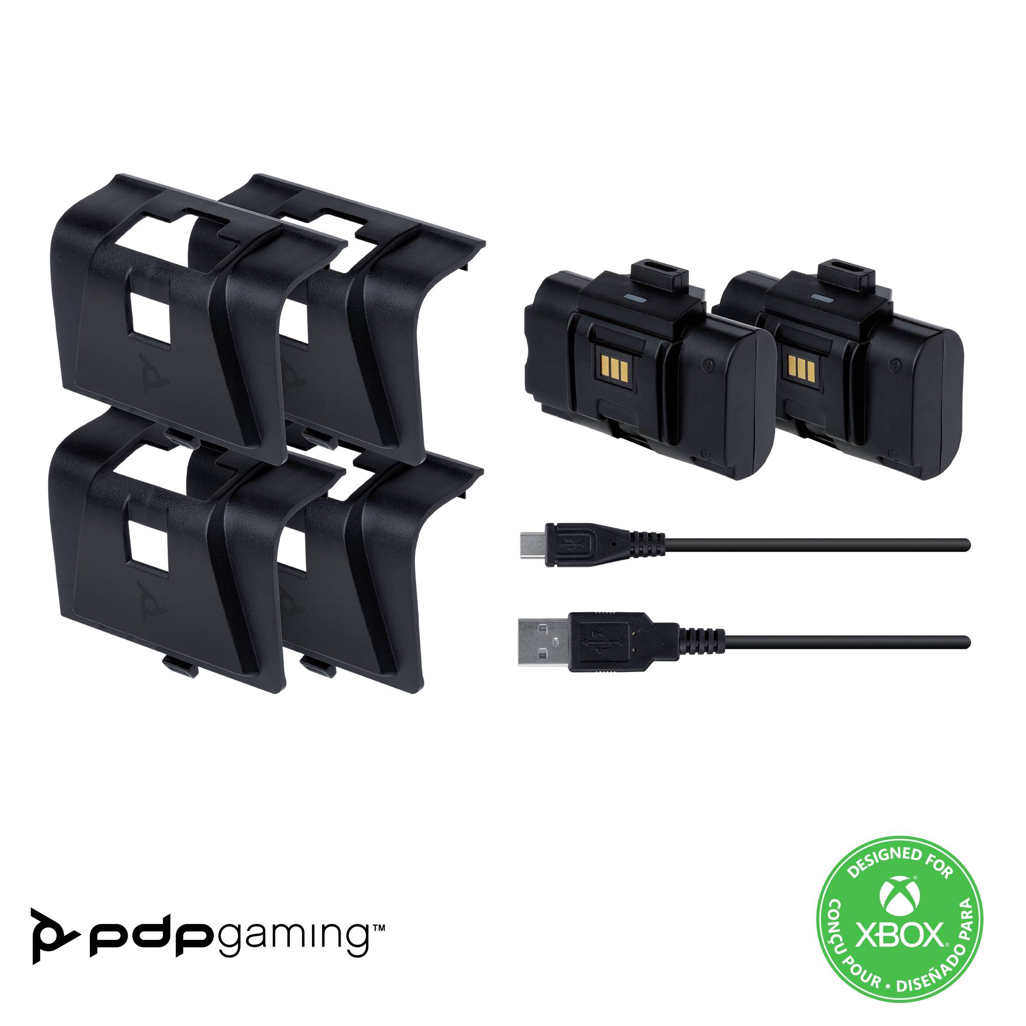 Battery Pack Set for Xbox Controller with two rechargeable batteries, four covers and a USB charging cable.