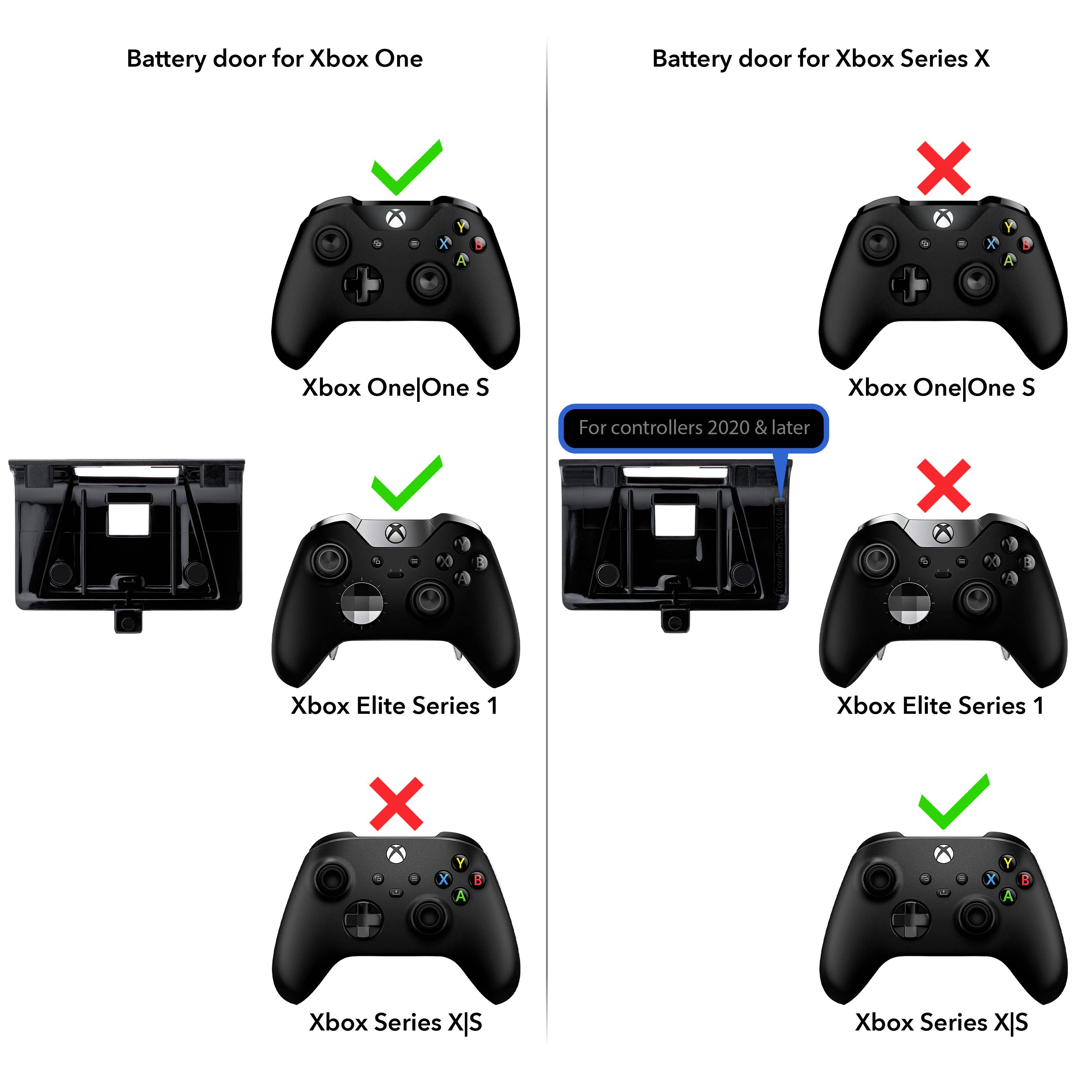 'Right side of image: Battery compartment fits Xbox Series X|S and newer controllers. Left side of image: Does not fit older Xbox One controllers.'