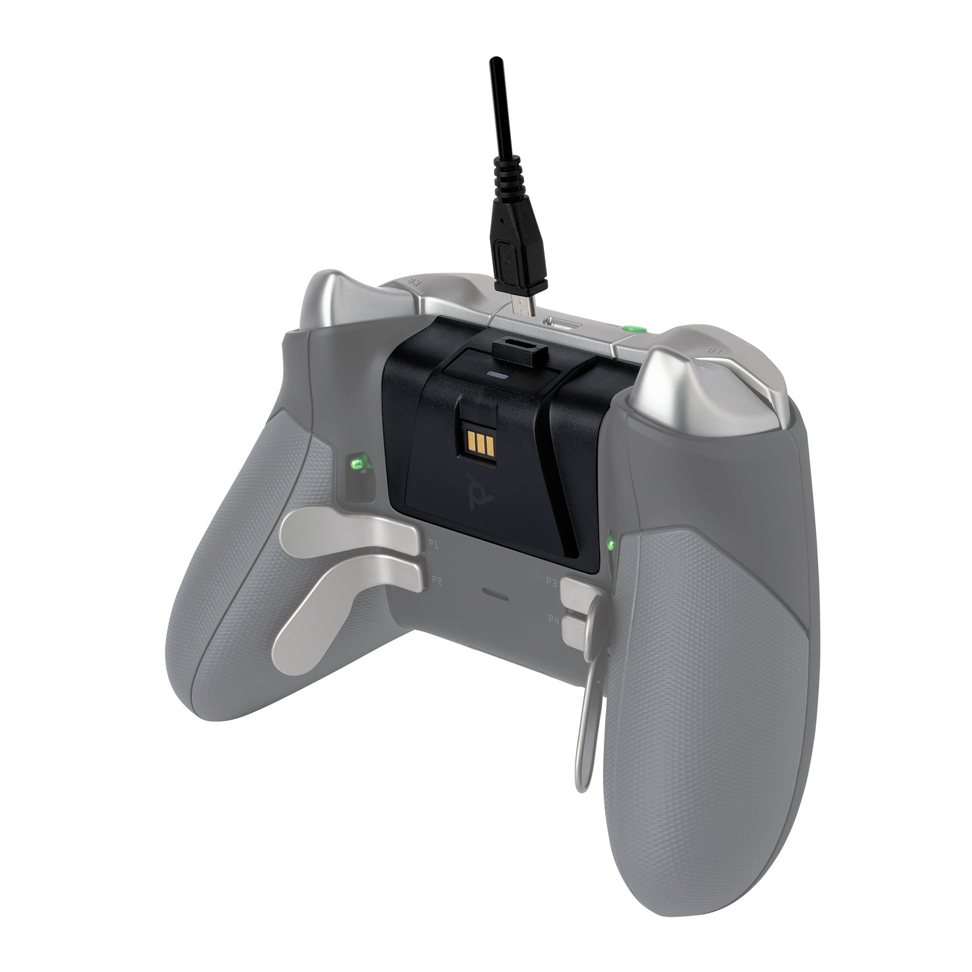 Grey gaming controller with black buttons and integrated battery, connected by a cable at the top.