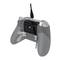Grey gaming controller with black buttons and integrated battery, connected by a cable at the top.