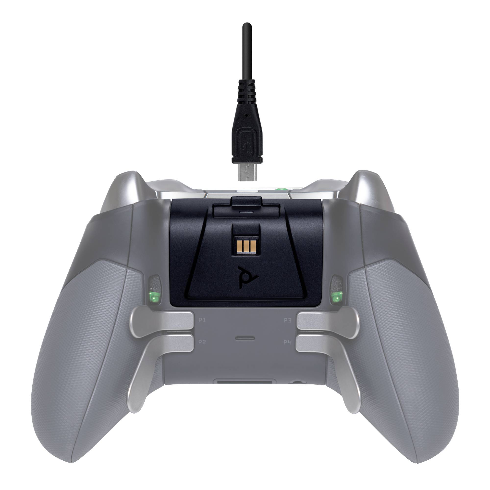 Rear view of a grey game controller with a USB cable plugged in. The controller has two large buttons on the back.