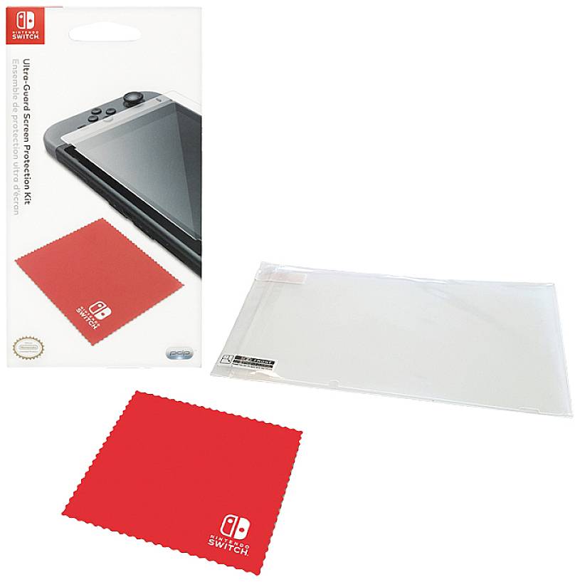 Screen protector and cleaning cloth set for Nintendo Switch. Shows packaging, film protector and red cloth with Nintendo logo.