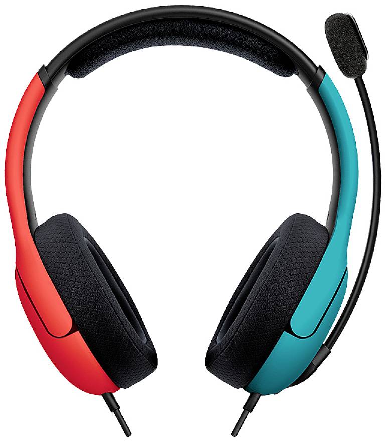 Headphones with a microphone in vibrant red and blue, shown from the front. Modern design, suitable for gaming or multimedia.
