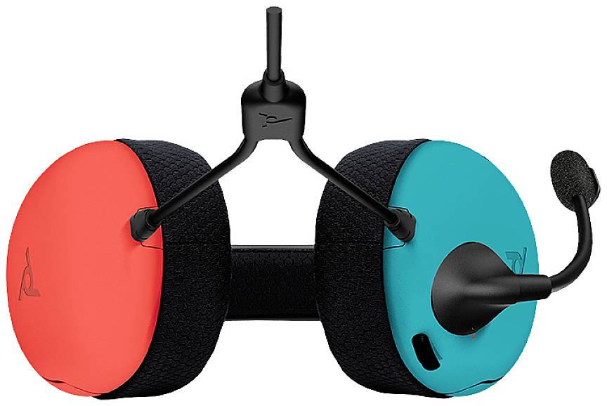 Gaming headset with red and blue ear cups and a black microphone. The ear cushions are padded and ergonomically shaped.