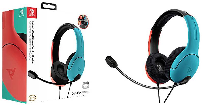 Headset in red and blue with microphone, pictured in profile beside the product packaging with the same design.