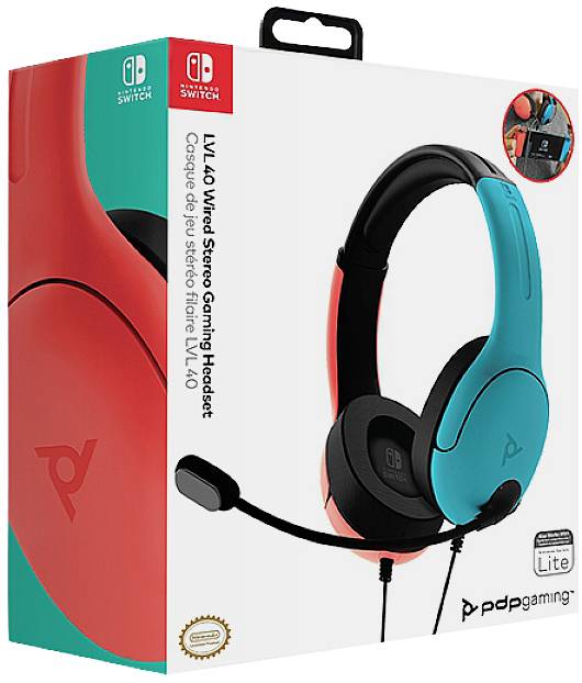 Packaging for a wired stereo gaming headset for Nintendo Switch, with the left side in red and the right side in blue.