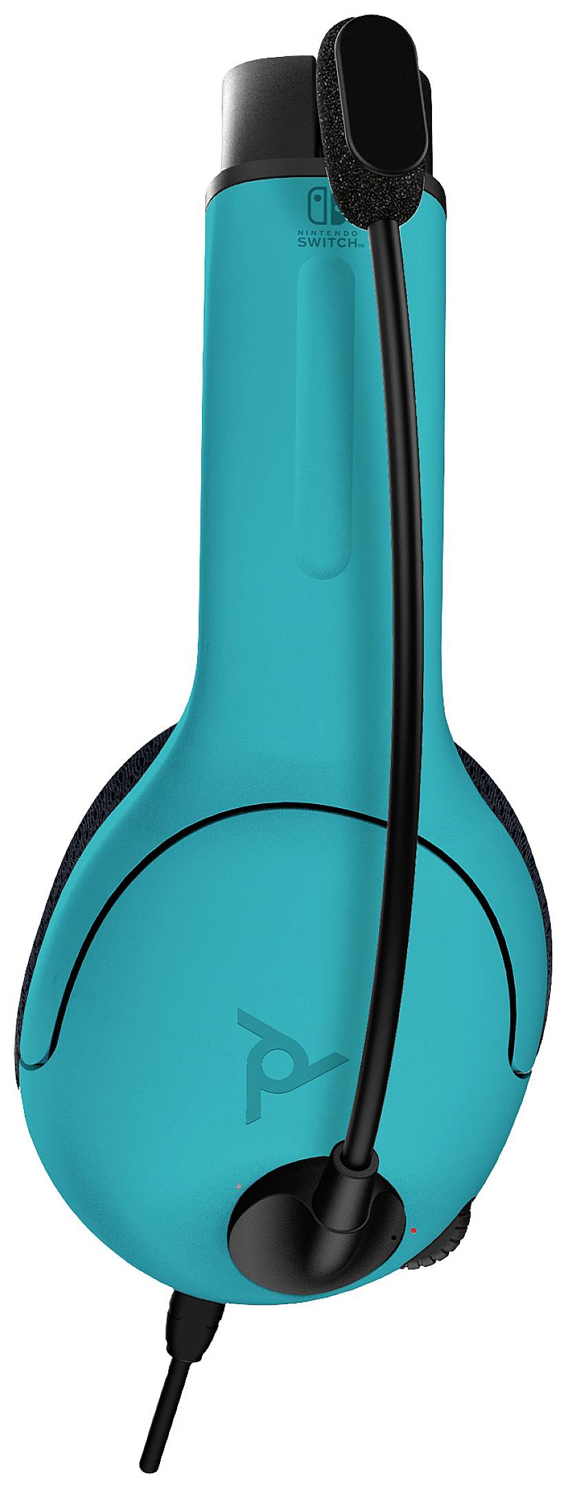 A blue wireless gaming headset with a microphone, viewed vertically. It features control buttons on the ear cup.