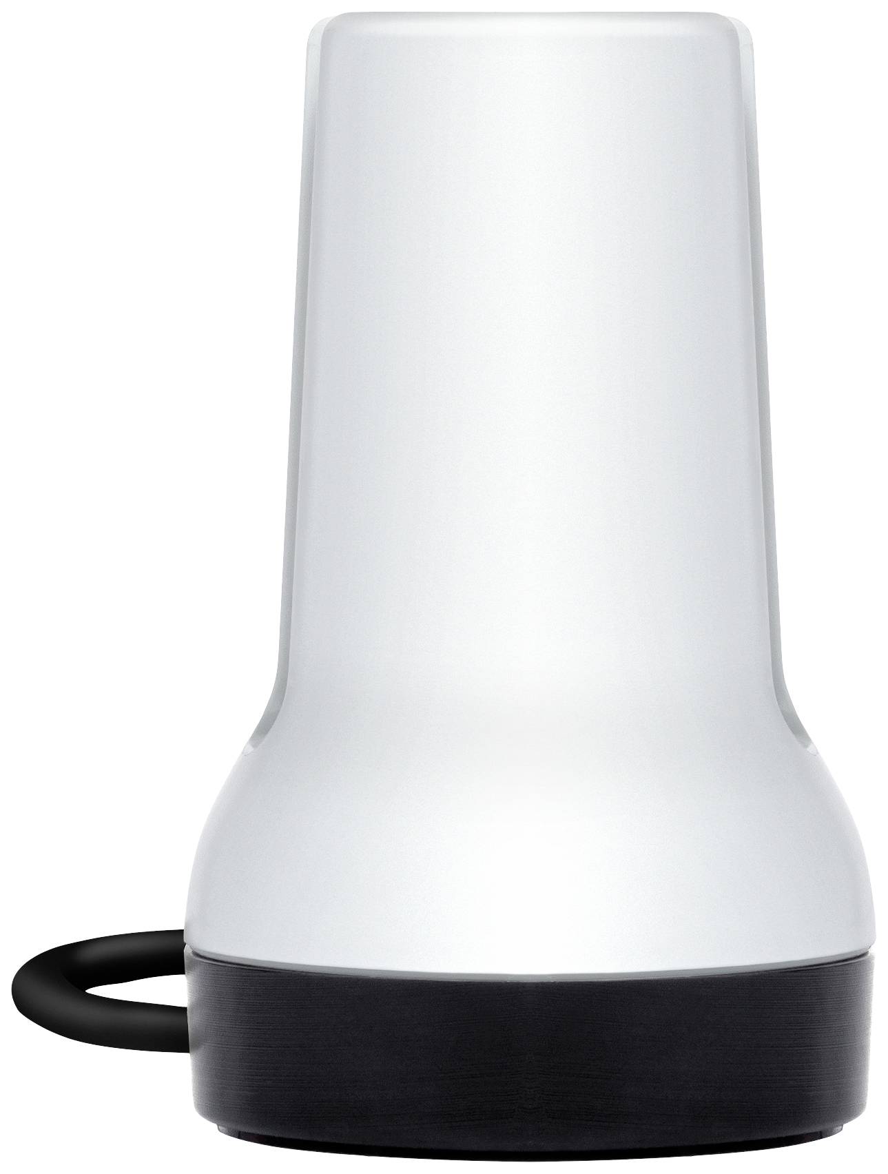 A white, cylindrical object with a black base and a black band.