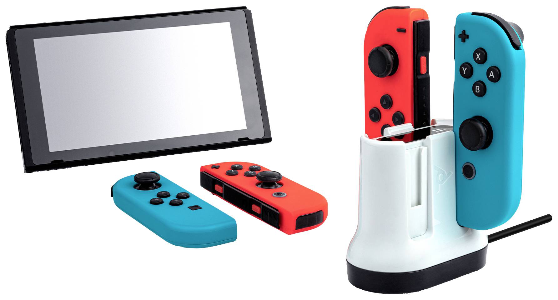 A portable games console with detachable, colourful controllers. A charging dock with two controllers in the station.