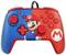 A video game controller in red and blue with an "M" logo and character print on the front, inspired by a popular video game character.
