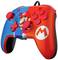 A video game controller in vibrant red and blue hues with an 'M' symbol and a figure wearing a red cap.