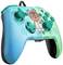 A turquoise-green game controller featuring a comic book character, set against a leafy pattern background.