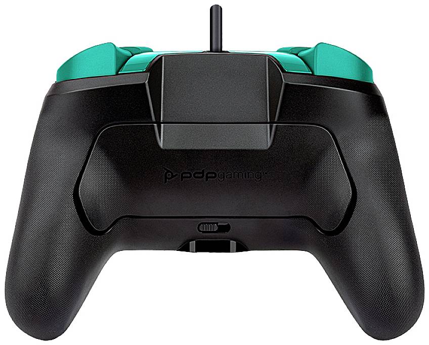 A black video game controller viewed from behind with turquoise triggers, showcasing the ergonomics and grip design of the controller.