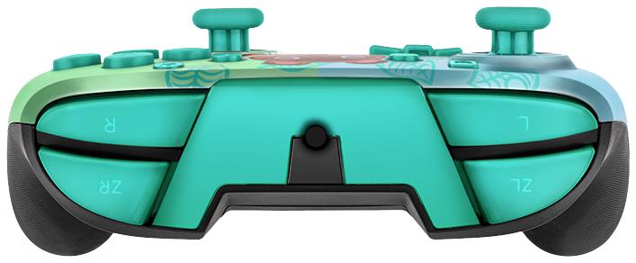 A turquoise video game controller with marine-themed designs on the top surface.