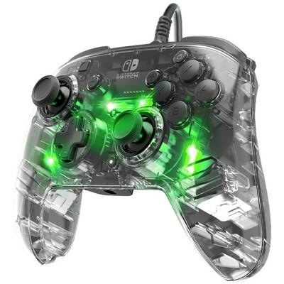 A transparent gaming controller with green lights shining through. Surrounding buttons are visible, with cables connected.