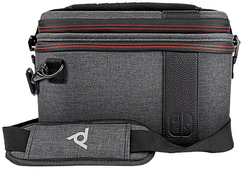 Grey-black camera bag with a red stripe and shoulder strap, made of textile material, with zip fastener and side buckle.
