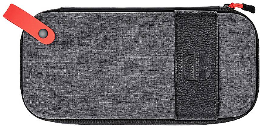 A grey fabric bag for a handheld console with a leather strap and red zip.