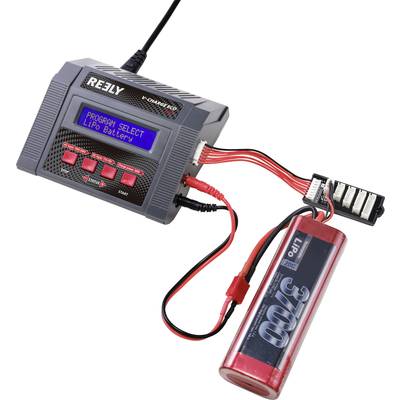 Charger with connected LiPo battery. Display shows 'PROGRAM SELECT LiPo Battery'. Connection via red and black cables.