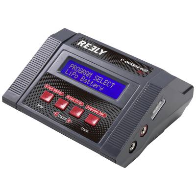 An electronic charger with a digital display shows 'PROGRAM SELECT LiPo Battery'. Several red buttons are visible.