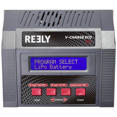 Battery Charger with Display. Display reading: 'PROGRAM SELECT LiPo Battery'. Four buttons: 'STOP', 'STATUS', 'START'. AC Input: 100-240V, DC Input: 11-18V, Charging Power: 80W.