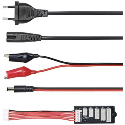 Various power cables and adapters laid out in a row; includes standard power cables, crocodile clips, and connectors.