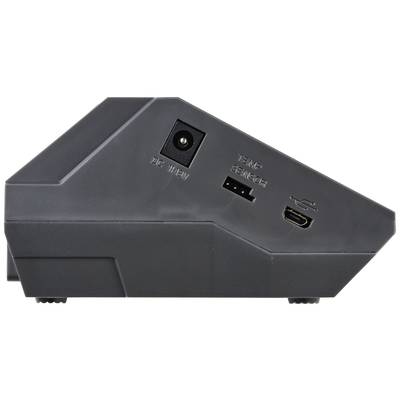 Side view of a grey electronic device with power connection, temperature interface, and USB port.
