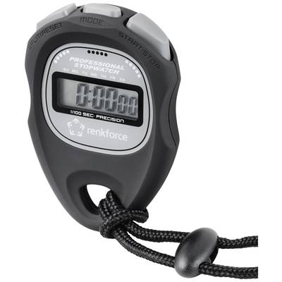Black stopwatch with display showing '0:00:00'. Functions: Mode, Start/Stop, Split/Reset. Marking: 'rennforce', 1/100 second precision.