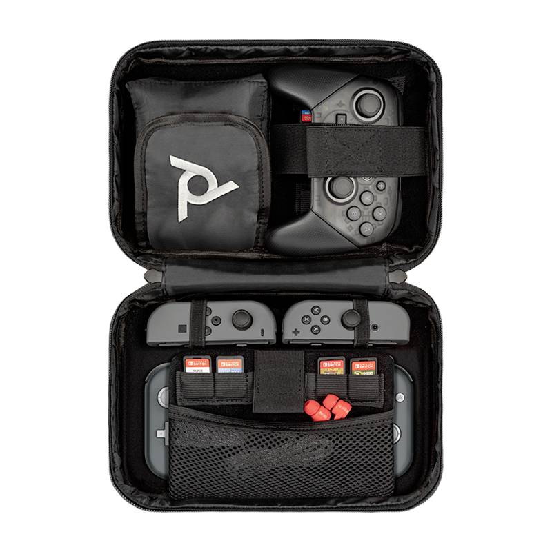Protective case with an open zip reveals two controllers, a bag with a logo, a device with a screen, and four memory cards.