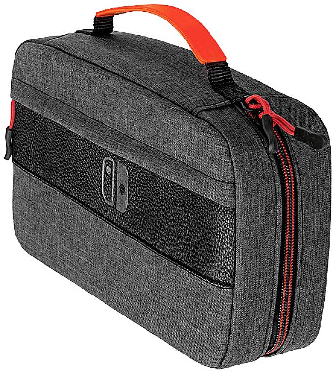 Grey carrier bag with a red handle and zip, suitable for an electronic device. Contains a symbol on the front.