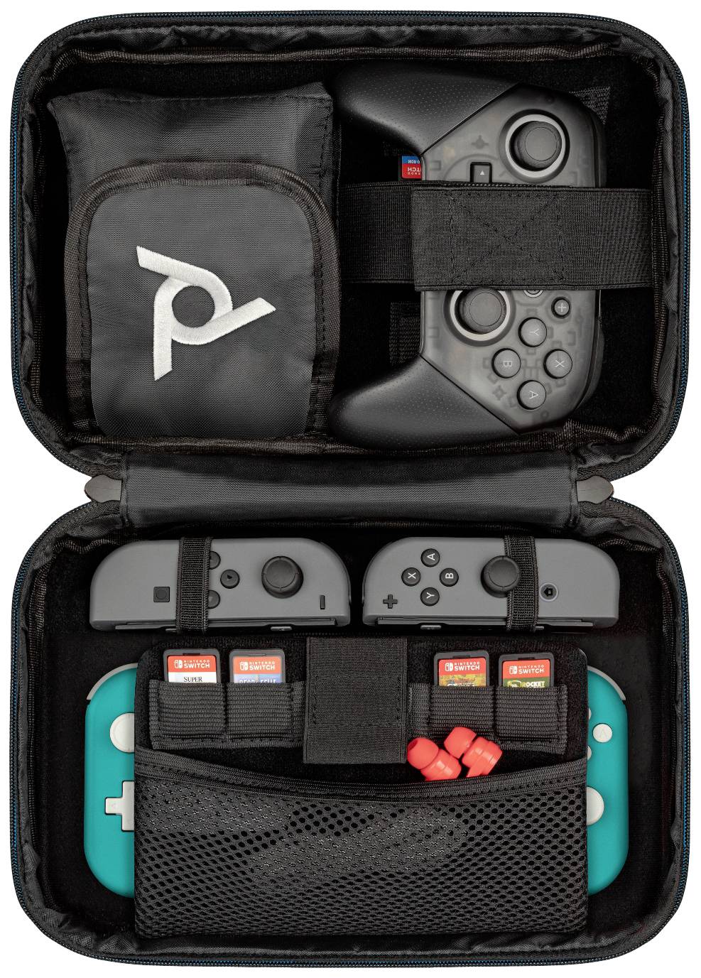 Open protective case with Nintendo Switch and accessories: two Joy-Con controllers, Pro Controller, three game cards, headphones.