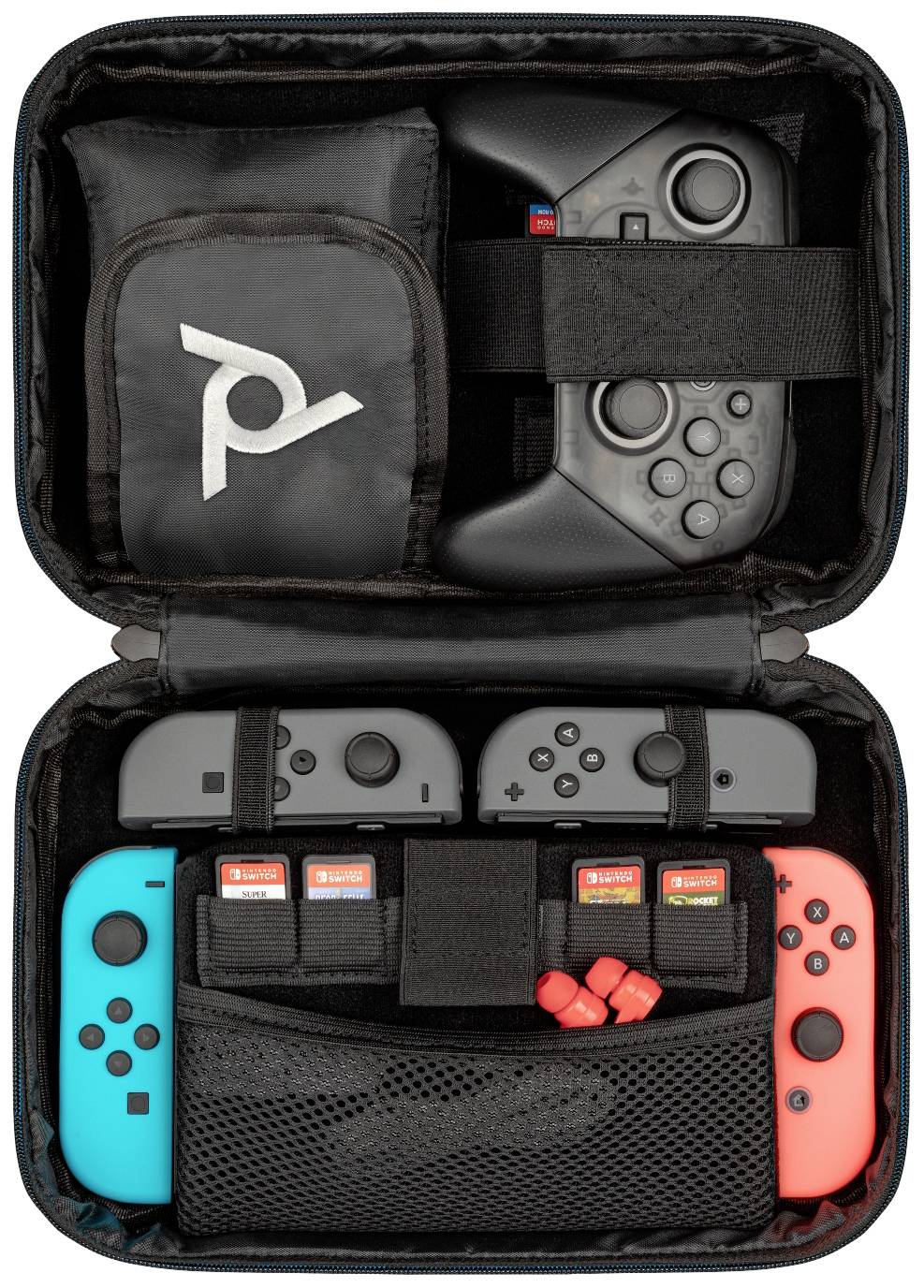 Carry bag with two game controllers, game modules, and accessories for a gaming console, neatly organised and securely stored.