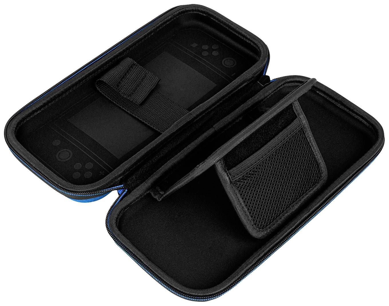 Black open tote bag with soft padding, elastic strap and mesh pocket, suitable for a portable gaming console.