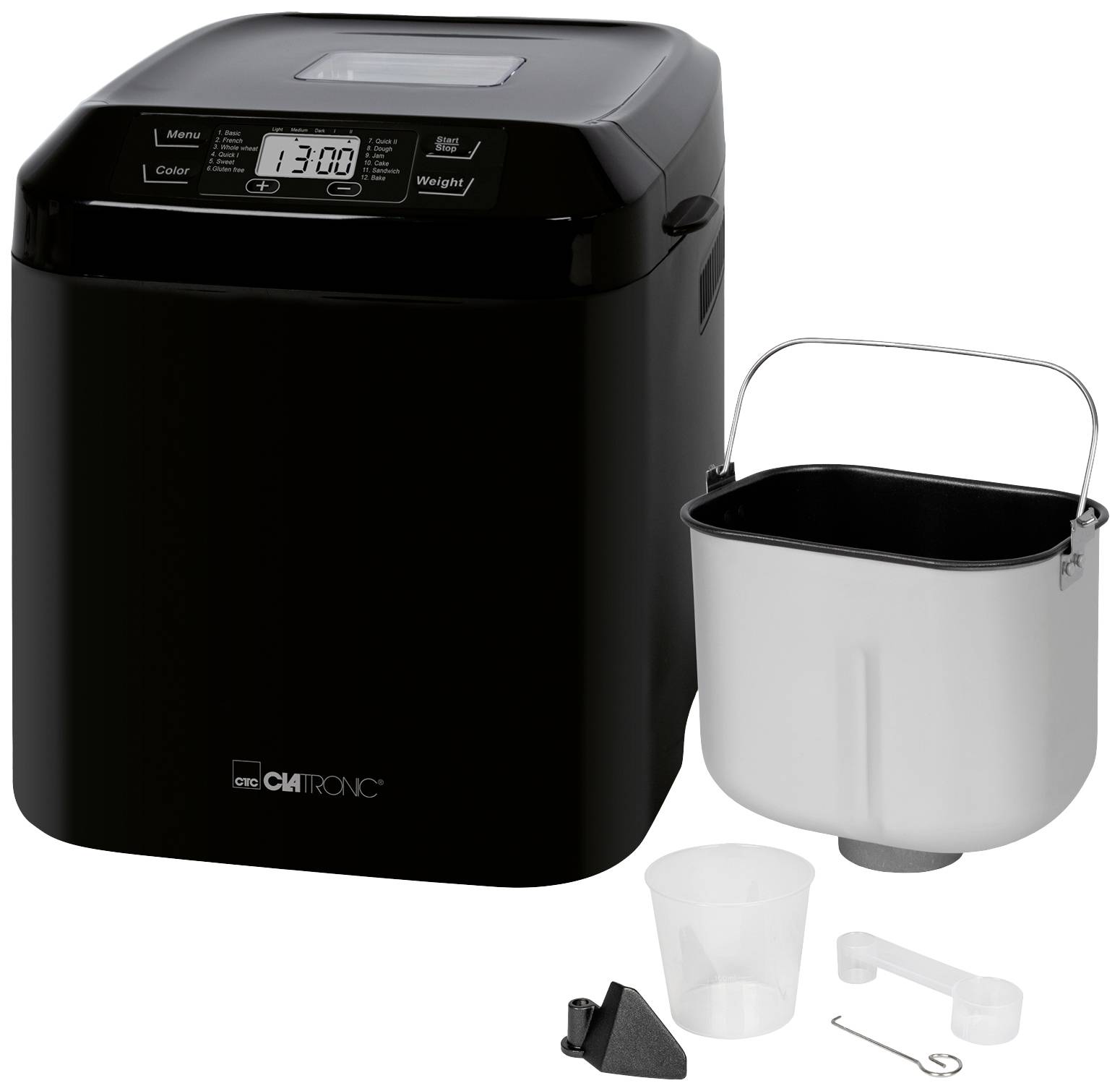 Black bread maker with display screen, removable baking pan, measuring cup and accessories; suitable for bread baking.