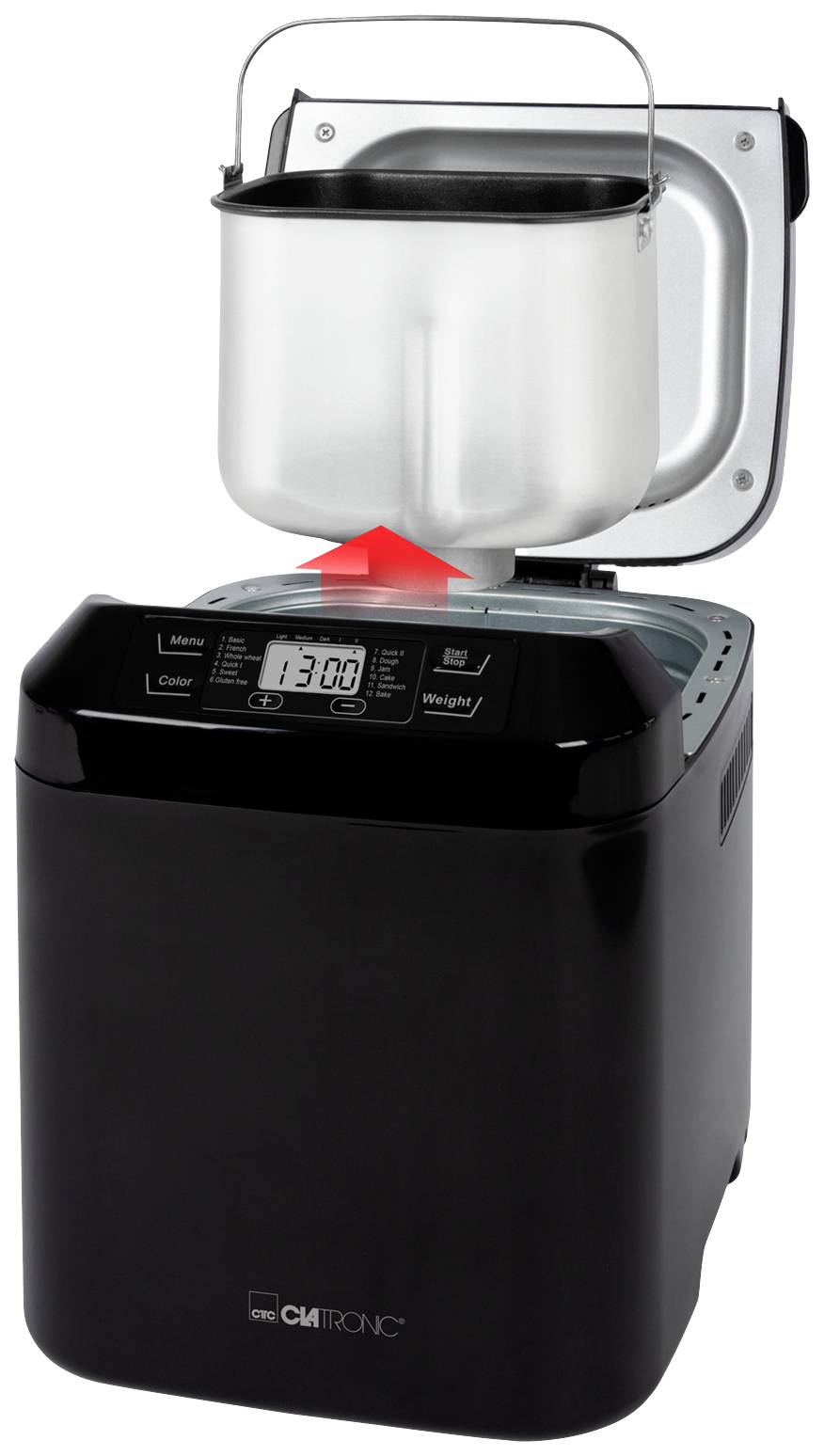 Black bread maker with removable baking pan, illuminated display and control panel. Baking time displayed: '13:00'.
