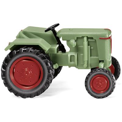 Green model tractor with red wheels, shown from side view. Suitable for agricultural toy collections.