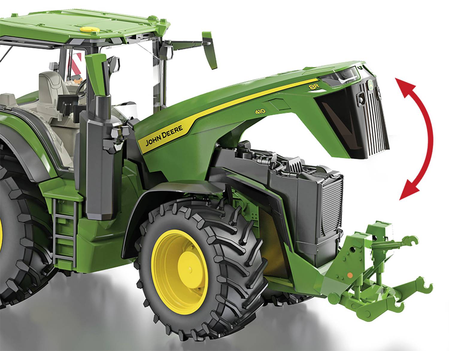 Green tractor viewed from the side, bonnet raised, revealing the underlying engine. Red arrow indicates the direction of movement of the bonnet.