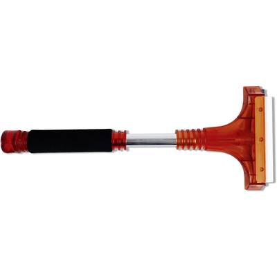 An orange-red ice scraper with a black handle, for cleaning car windows during frosty conditions.