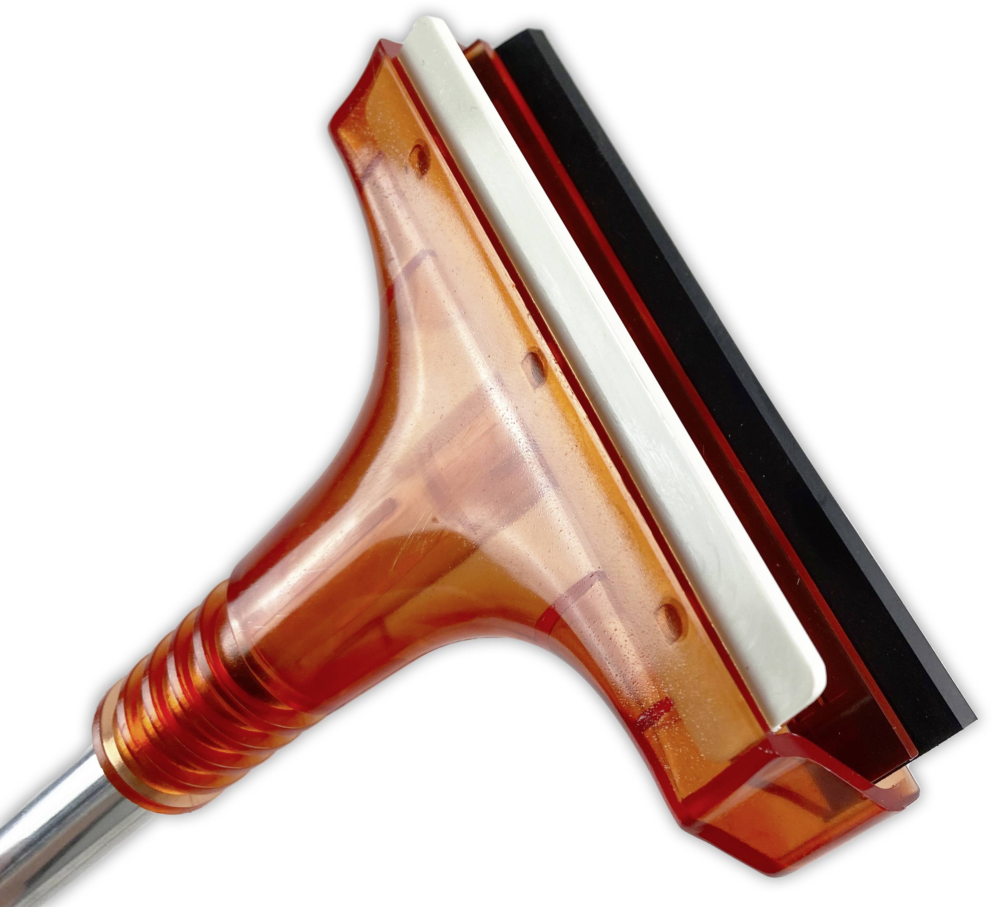 An orange-red window squeegee with a metal handle and black rubber lip, suitable for cleaning smooth surfaces.