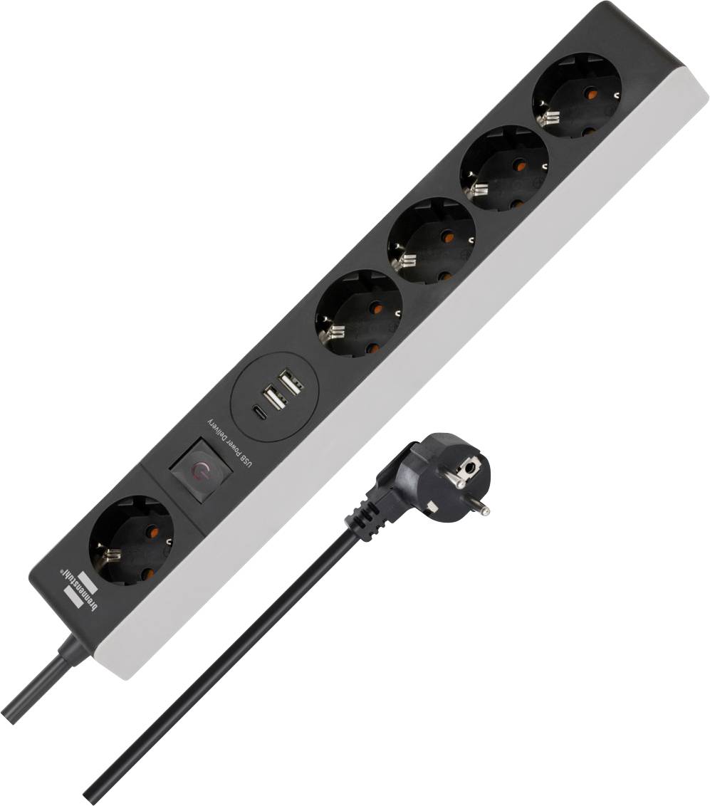 Black power strip with five European outlets, two USB ports, and a power switch, shown with attached plug and cord.