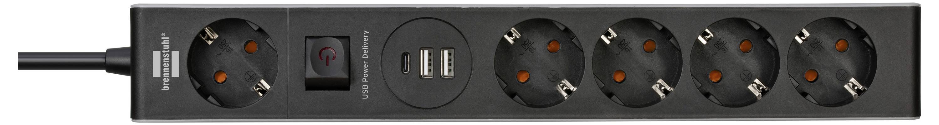 Black power strip with one rocker switch and two USB ports, showing four plug outlets and a connected cord.