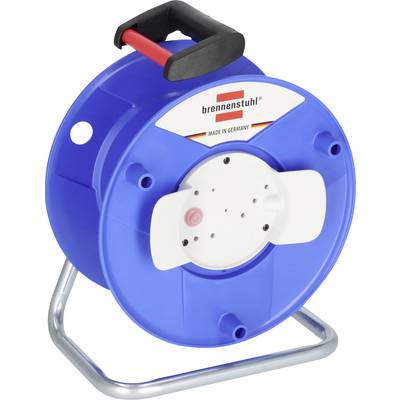Blue Brennenstuhl cable reel with carry handle and multiple power sockets on a metal stand, made in Germany.
