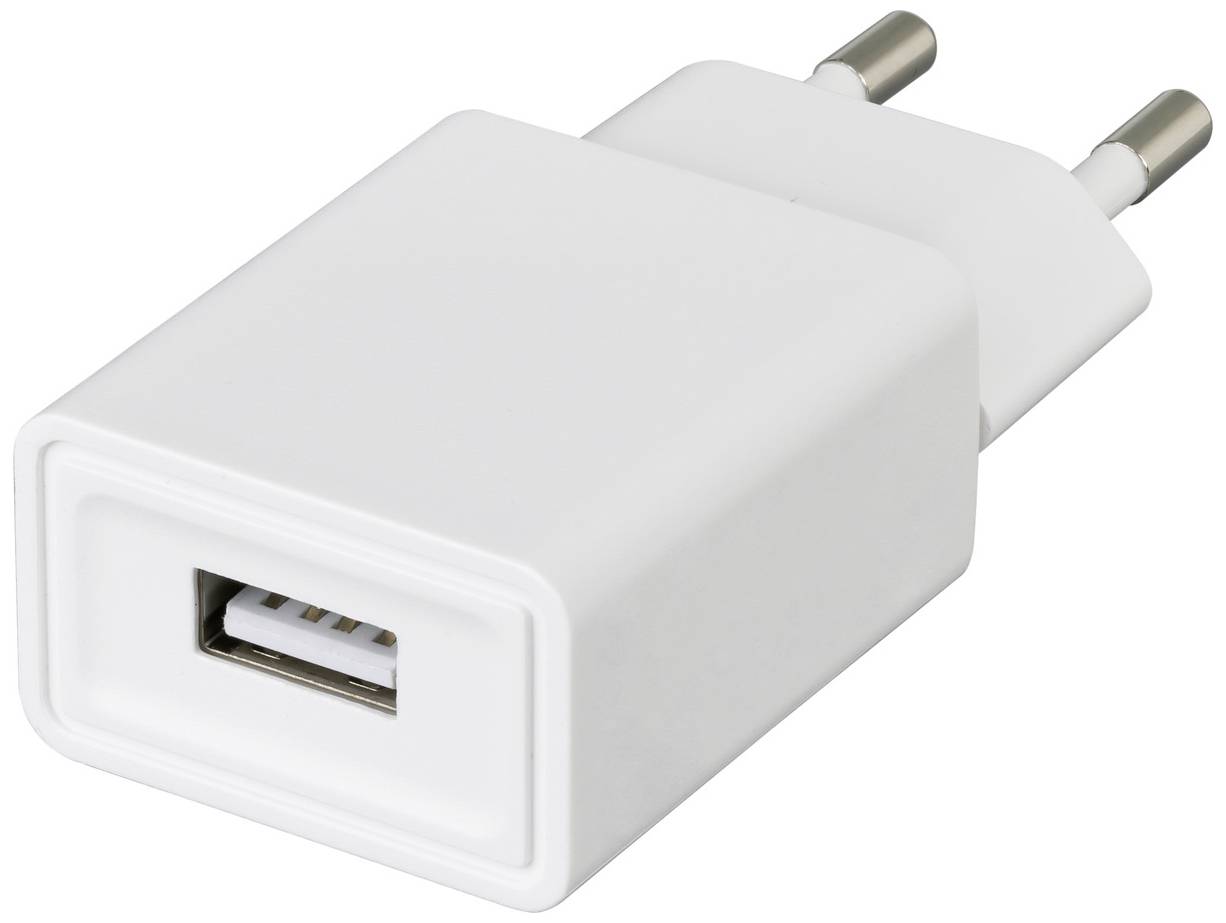 White USB charging adapter with European plug.