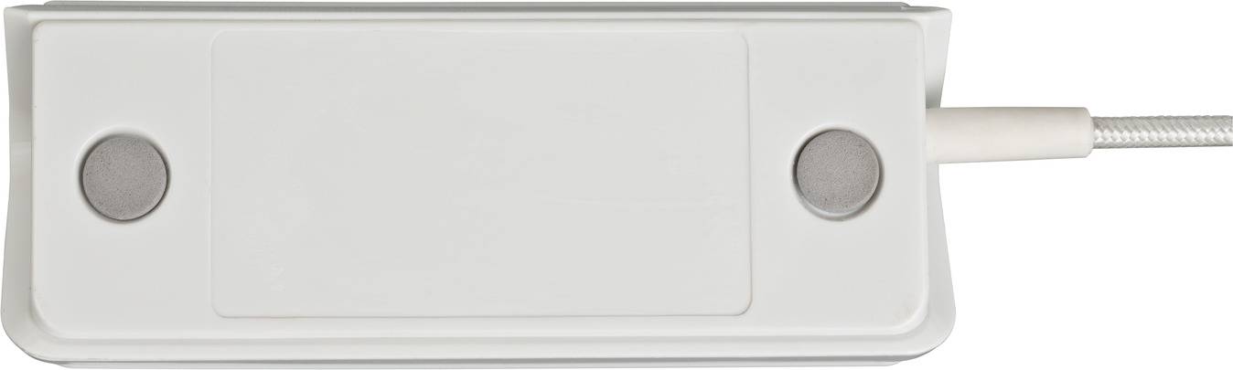 White, rectangular charger with two grey magnetic points at the corners and a connected cable on the right side.<br><br>(Note: The translation is already in British English, so no significant changes were needed.)