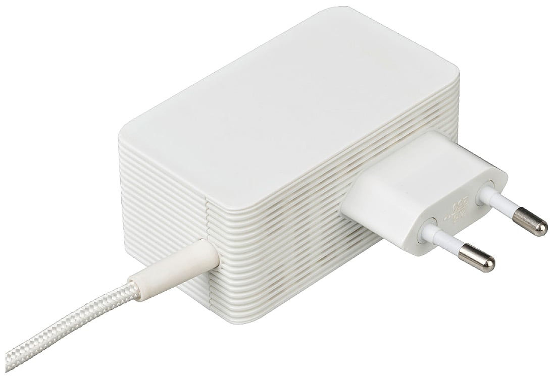 A white power adapter with European plug, connected to a power cable.