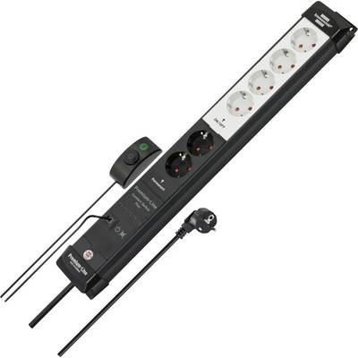 Black power strip with six outlets, two on/off switches, and attached plugs, shown diagonally on a white background.