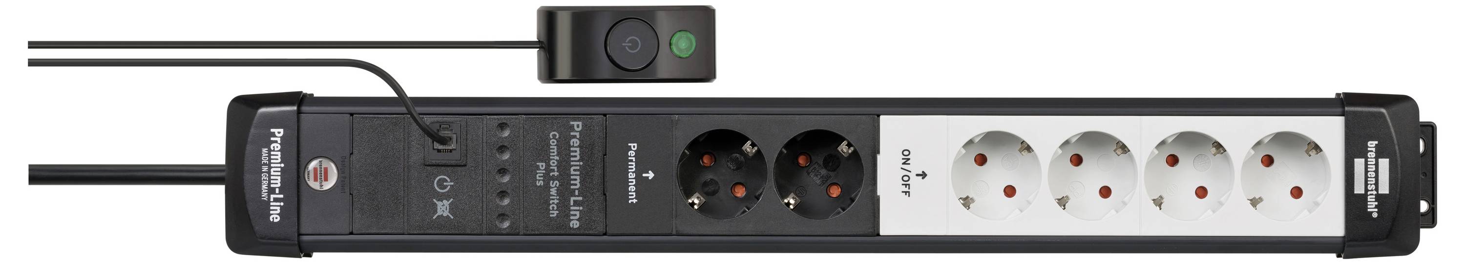 A black power strip with six outlets, one green power button, and a USB camera-like device on top, showing multiple plugs inserted.