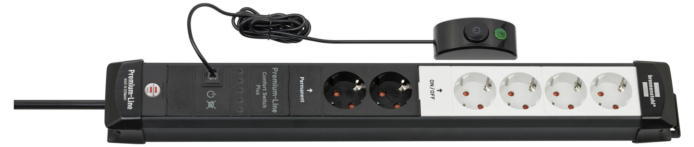 Black four-outlet power strip with two round European sockets, a cord, and an on/off switch on top.