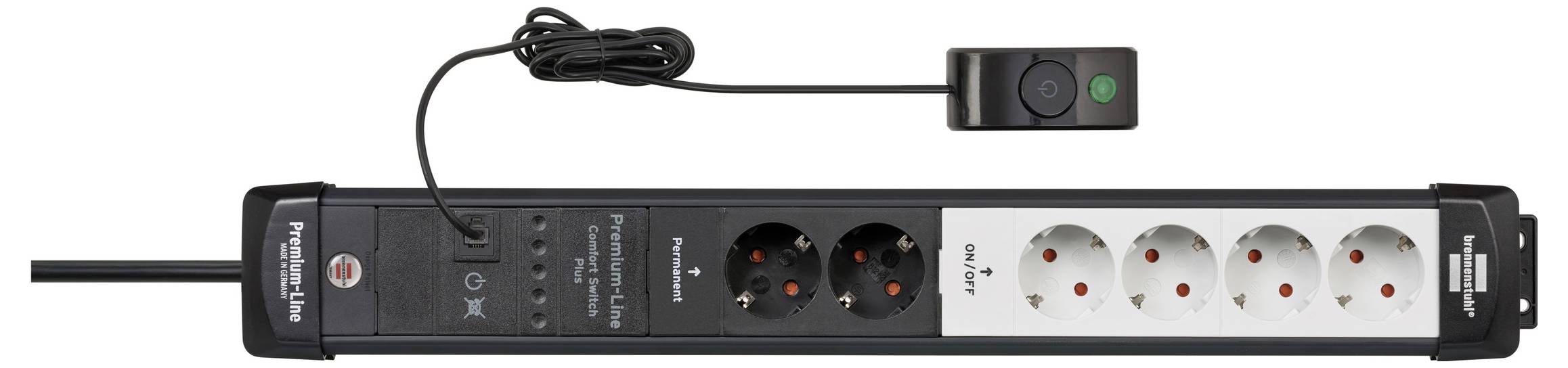 A black surge-protector power strip with six outlets and an attached cord, showing two illuminated control buttons on the end.