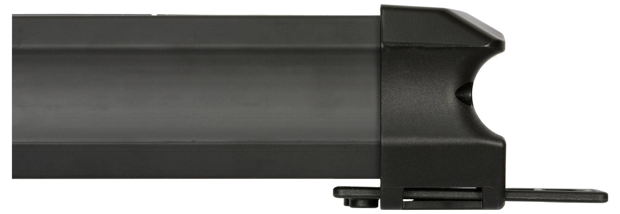 Black plastic mounting bracket with a long horizontal channel and a right-side clamp/tab, shown on a white background.