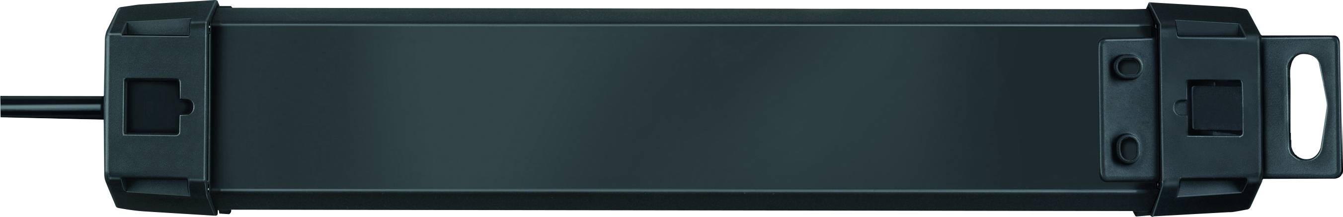 A black rectangular hardware bar with end brackets and mounting slots, shown on a white background.